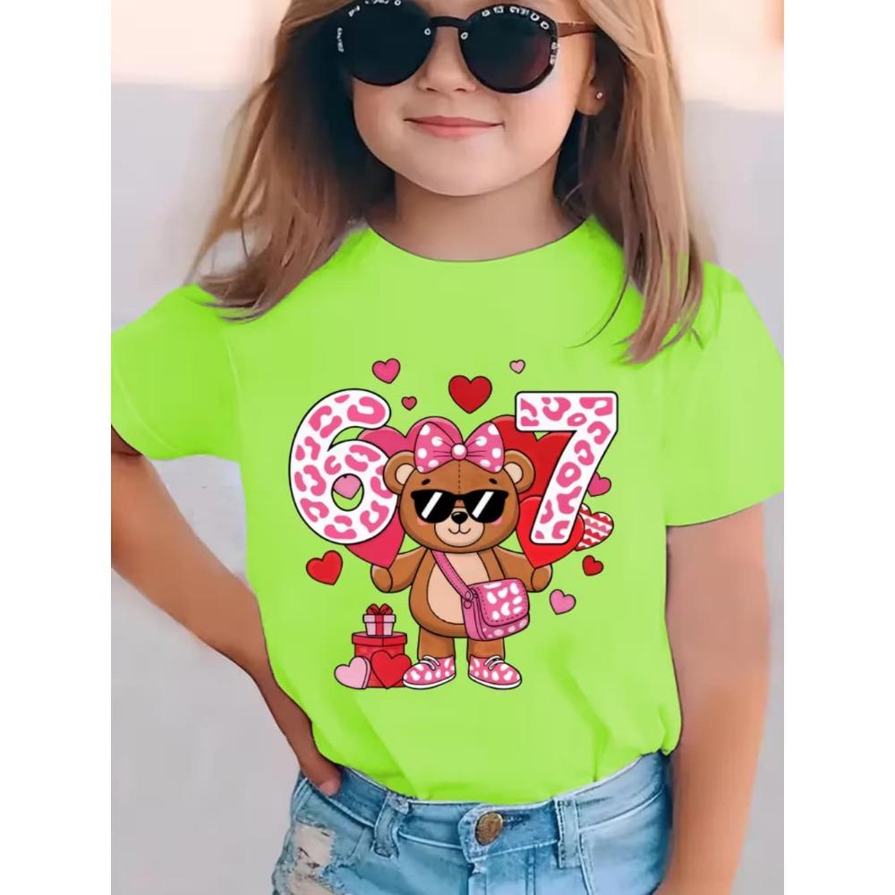 Children's Cute Girl T-Shirt Cartoon Bear Digital 67 Print Fashion Round Neck Short Sleeve Top Clothing Gift Children's Clothing
