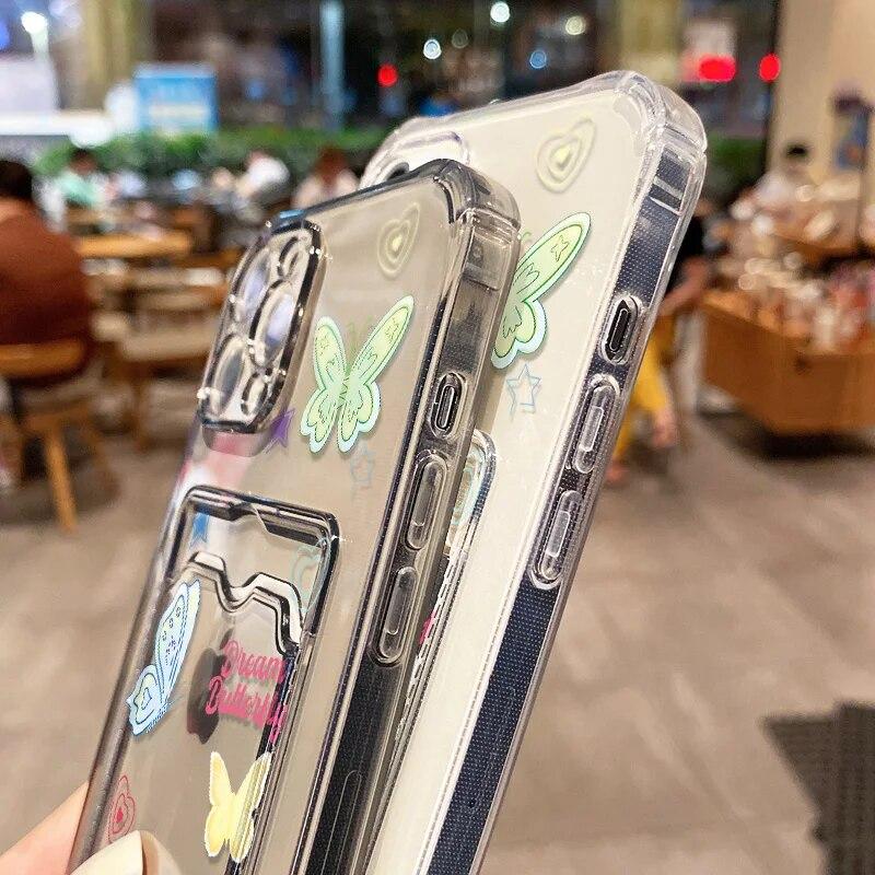 Card Holder Phone Case For iPhone 13 Case iPhone XS 15 14 Pro 11 12 Pro Max XR X 7 8 15 Plus SE 2020 Transparent Butterfly Cover