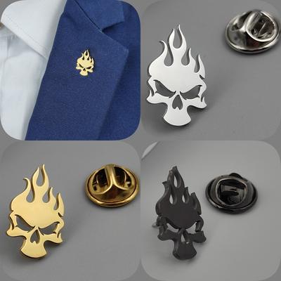 New Flame Skull Men's Lapel Pin, Stainless Steel Gold-plated Badge, Punk Style Suit Accessories Black Brooch, Gift for Father