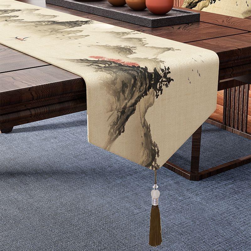 Waterproof Tables Flag Jacquard Landscape Flower Table Runner Black White Ink Painting Decor  Tea Dining Tablecloth Cotton Linen Tassels Mat