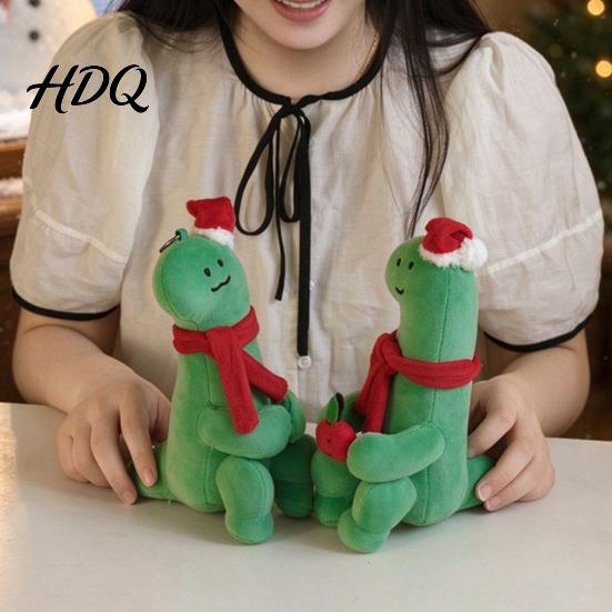 Green Red Plush Figurine Cute Christmas Dinosaur Doll Mini Stuffed Dino Toy with Santa Hat Decorative Accent for Windows & Scarf Soft Animal Holiday