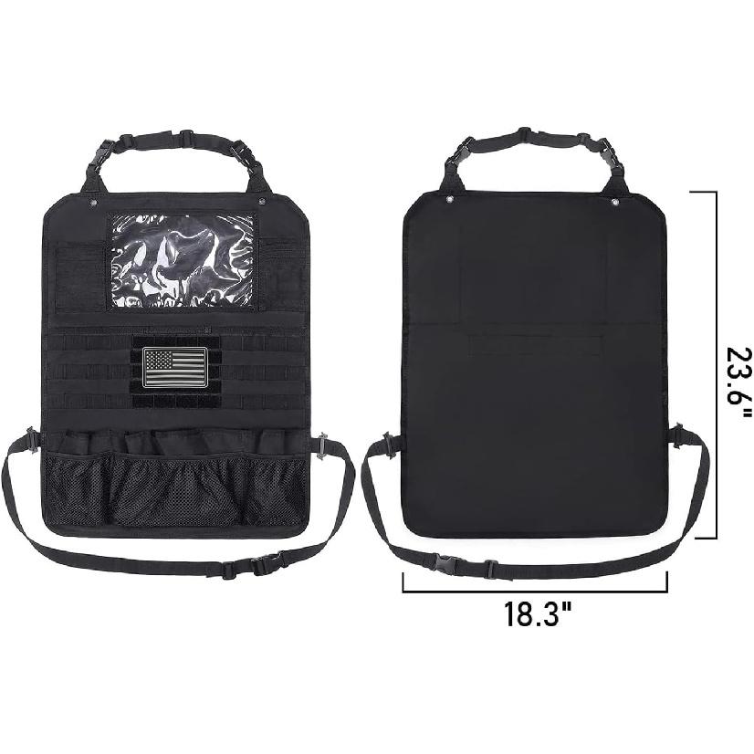 Tactical Car Seat Back Organizer Set Upgraded Tactical Molle Seatback Cover Protector Universal Fit Vehicles Truck MPV Pickup (Black with 2 Pouches)