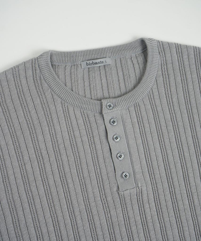 BIRBANTE Summer Washable Ribbed Henley Neck Knit - Light Gray