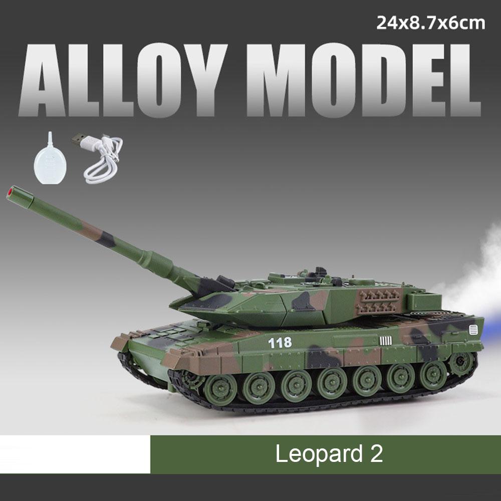 1:32 Leopard2 T-90 M4 Main Battle Tank Tiger Heavy Tanks Model Toy Car Sound Light Spray Military Vehicle Models for Boys Kids