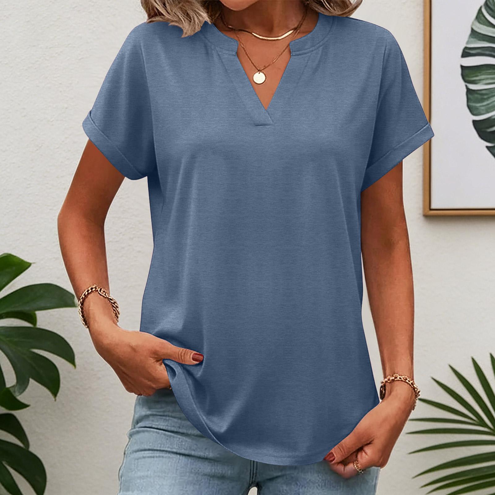 Womens Tops Short Sleeve Tee Summer V Neck Shirts Work Blouses Business Tunic L синий