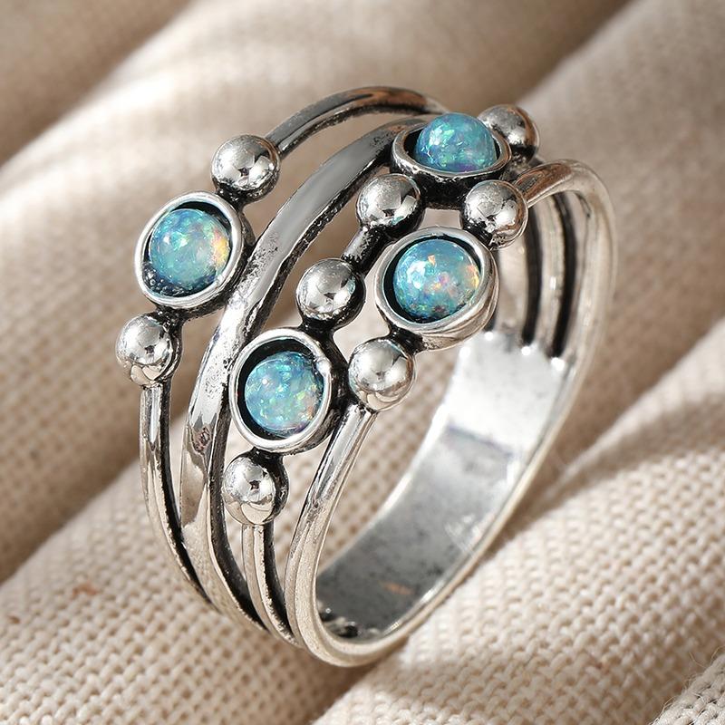 Vintage Inlaid Imitation Blue Opal Women's Ring Ethnic CopperColor Geometry Daily Wear Party Jewelry Anniversary Gift
