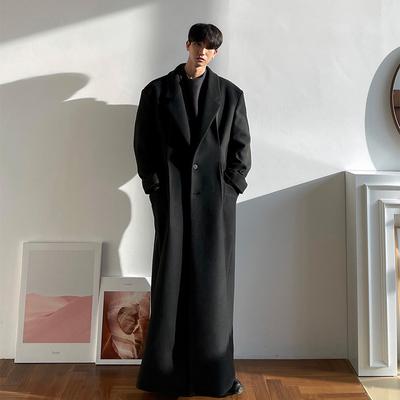 Cappotto da uomo in misto lana casual, lungo, caldo, nero, autunno inverno, moda coreana