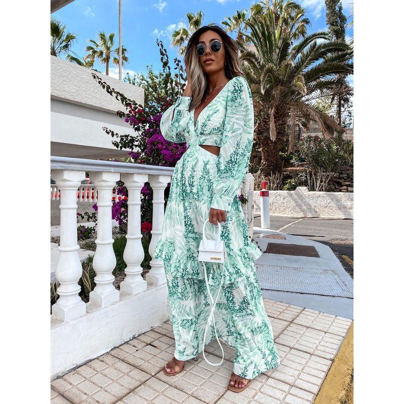 

Summer Cut-out Green Dress with Plant Print Green S