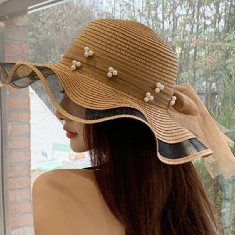 Pearl Decorated Straw Hat Women's Summer Outdoor Beach Visor French Casual Sunscreen Big Eaves Hat