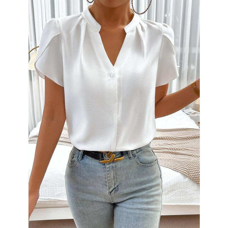 

Womens V Neck Petal Short Sleeve Blouse S белый