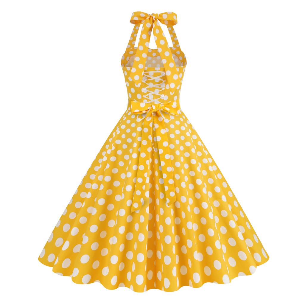 Retro colour-block polka dot halter-neck performance dress with tie-up detail – perfect for photo shoots, picnics and special occasions