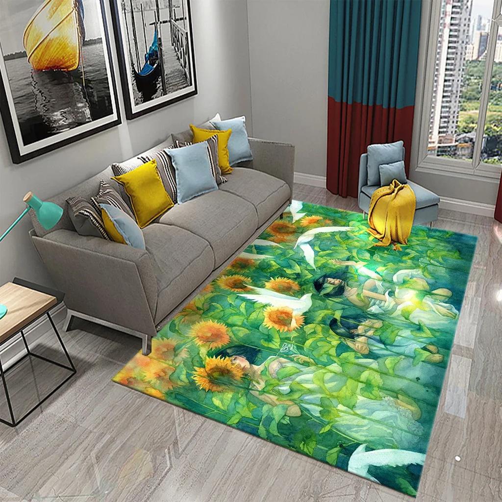 3D Oil Painting Sunflower Carpet for Living Dining Room Bedroom Kitchen Van Gogh Sunflower Nursery Rug Floor Non Slip Area Rug