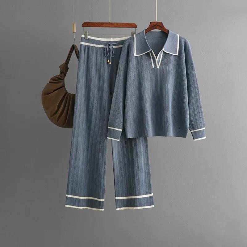 Herbst Winter 2 Stück Damen Sets Gestrickter Trainingsanzug Polokragen Pullover und gerade Jogginghose Anzüge Damen Outfits Pullover