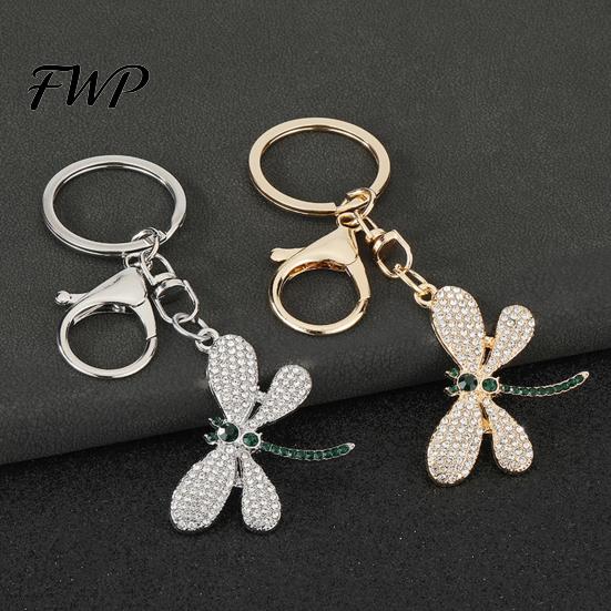Sweet Girl Bag Charm Pendant Rhinestones Dragonfly Zinc Alloy Keychain Accessory Electroplated Finish Easy Hang Lobster Clasp Key Holder Durable