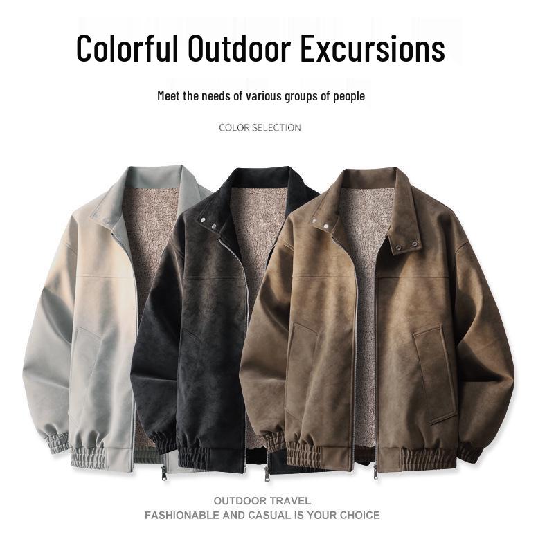 Men's Suede Jacket with Fleece, Thickened Stand-Up Collar - Trendy Warm Autumn/Winter Casual Jacket for Young Men