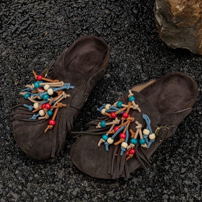 Bead Fringe Flats Suede Slippers Winter Women Shoes Trend Slingback Casual Mules Fashion Flip Flops Home Zapatillas Mujer