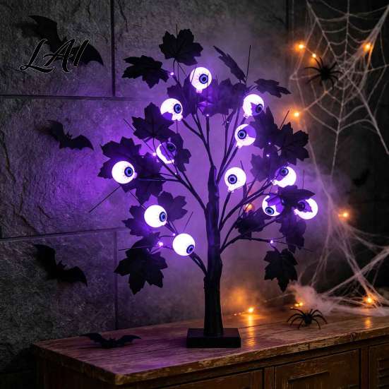 Harvest Festival Party Ornaments Halloween Maple Leaf Artificial Tree Light 12 LED Glowing Eyeballs/Ghost Battery Powered Seasonal Decorative