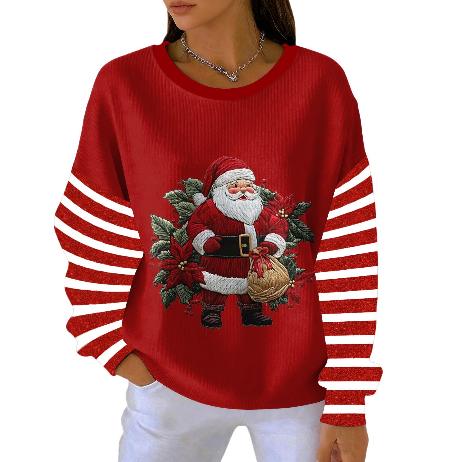 

Женский свободный удобный повседневный и модный свитшот с круглым вырезом и рождественским узором, с длинными рукавами M киноварь