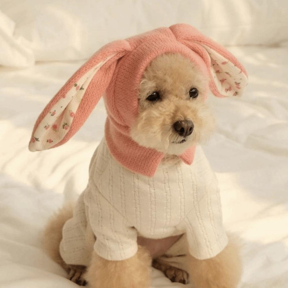 Pet Head Wear Cute Rabbit Ears Pet Hat Warm Soft Elastic Knitted Pet Hat Comfortable Floral Pattern Pet Headgear Party Costume