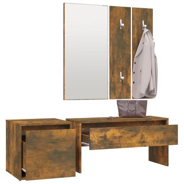 VidaXL Hallway Furniture Set Entry Bench Mirror Coat Rack Panel Cloakroom Set Smoked Oak Wood 3120194