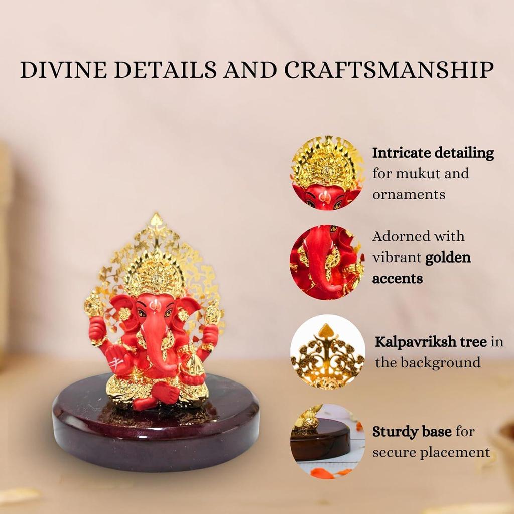 Tree Ganesh Idol Ganpati Murti for Car Dashboard, Office Desk, Hindu God Gift & Home Decor - Resin (Red) - 3 Inches - Pack of 1