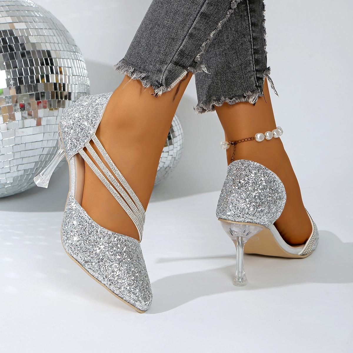 

Sexy Pointed Toe Champagne Ladies High Heels New Shiny Crystal Wedding Bridal Shoes Simple and Elegant Women s Dress Shoes 35 серебряный