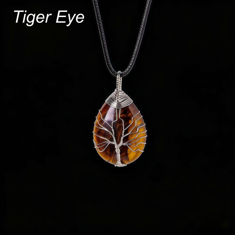 Custom Logo Natural Crystal Tree of Life Pendant Water Drop Healing Stone Handmade Wire Wrapped Necklace