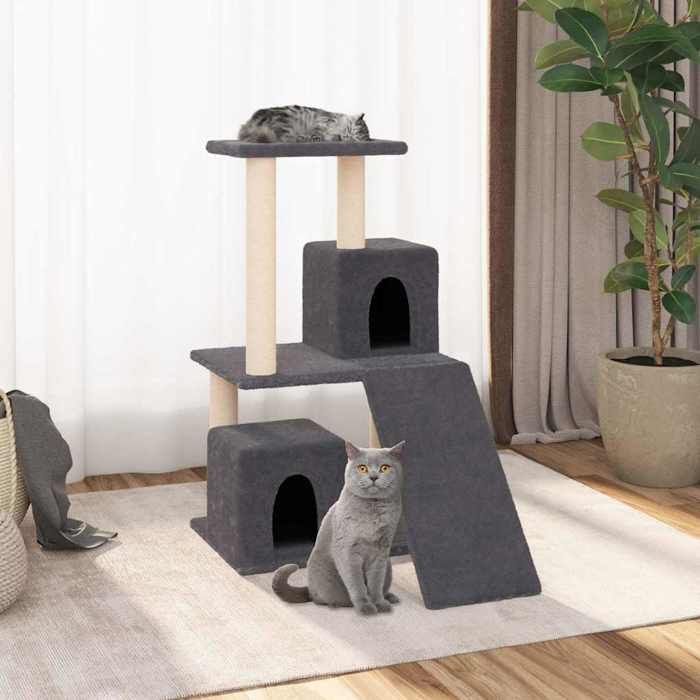 Arbre à chat - MAISON EXCLUSIVE - 82 cm - Gris foncé - 2 maisons & 1 plate‑forme - Poteaux en sisal naturel