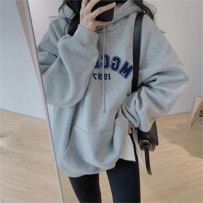 Fleece thickened autumn and winter hooded sweater women's Korean version large size fat mm jacket loose student wholesale