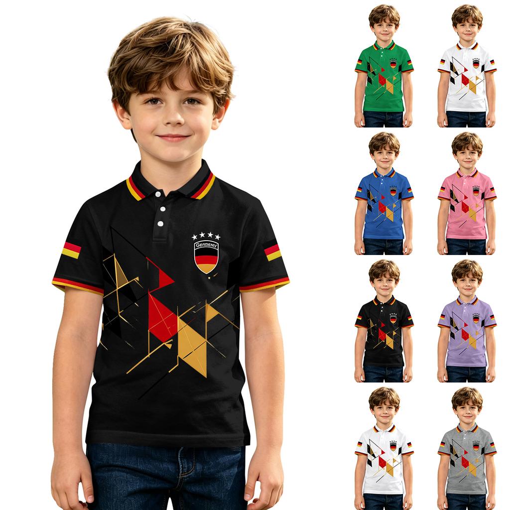 Kids Polo Shirt Short Sleeve Button Down Collar Geometric Print Casual Fit Lightweight Breathable Fabric Summer Wear for Boys