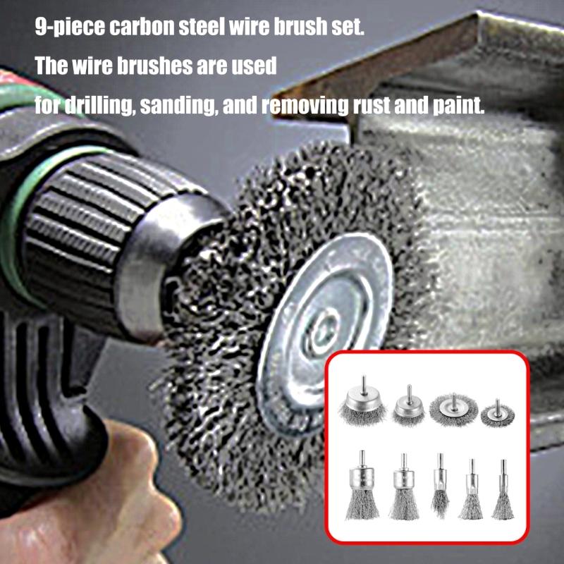 Multipurpose Steel Wire Drill Brush Attachments 9PCS Carbon Steel Wire Wheels For Grinding Rust Cleaning Polishing