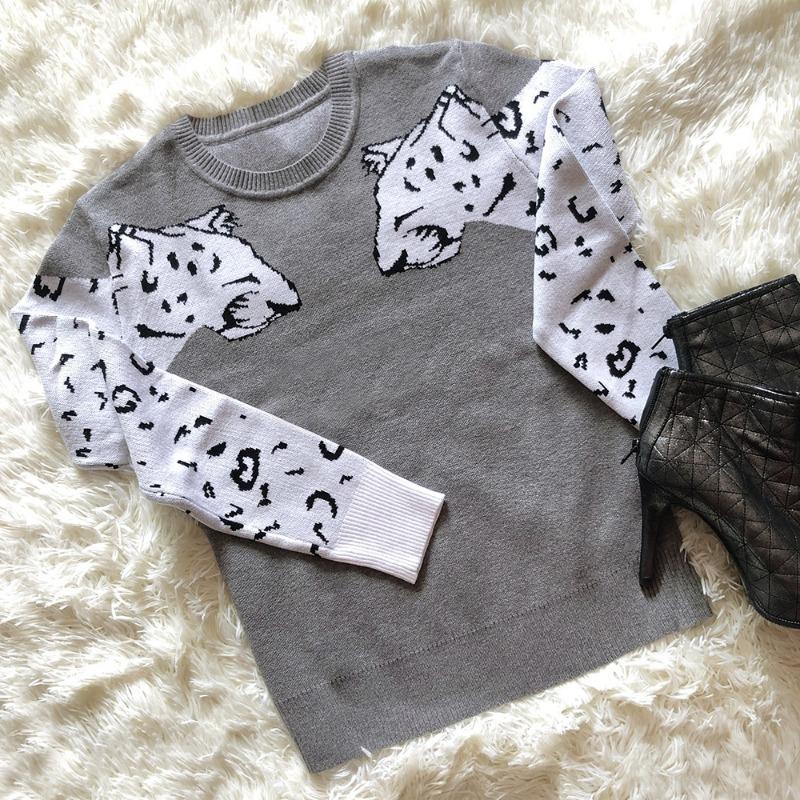 Podzimní a zimní dámský leopardí vzor pletený svetr s dlouhým rukávem vlněný svetr