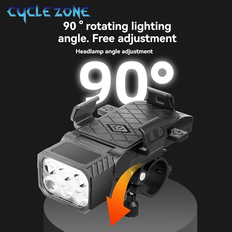 3-in-1 Bicycle Front Light with Horn & Phone Holder 6 LED Bike Light 2400mAh Bike Headlight Flashlight for Night Safety Riding