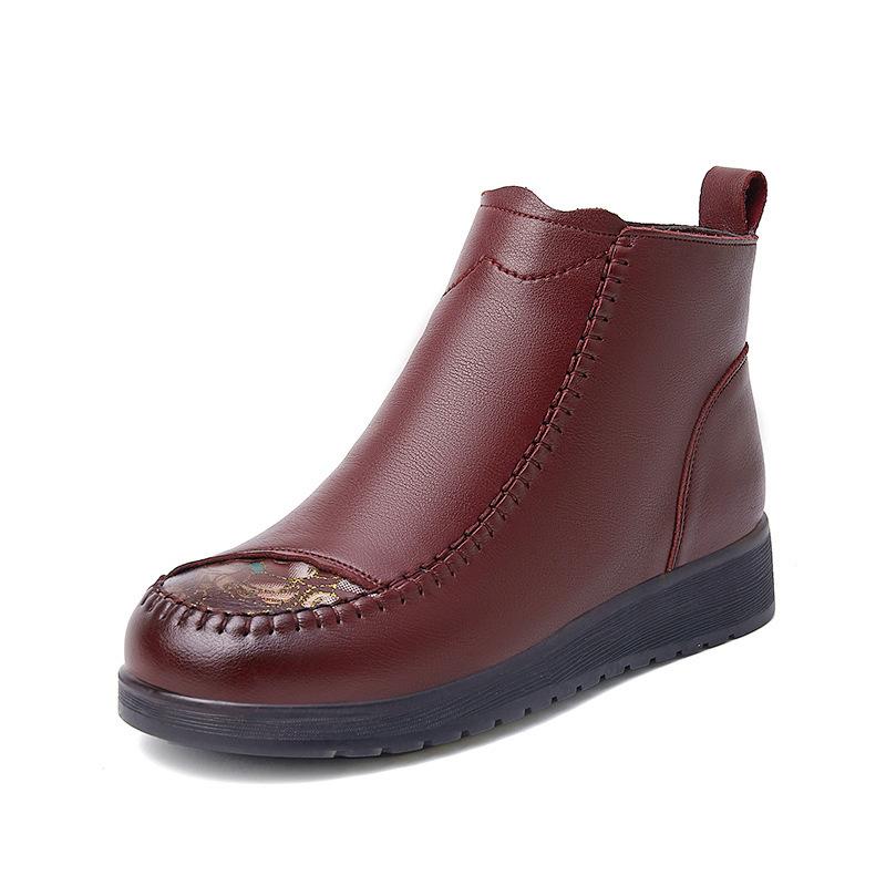 

Зимние ботинки из натуральной кожи женские туфли на плоской подошве нескользящие теплые ботильоны на плоской подошве для мам водонепроницаемые нескользящие ботинки 39 красный