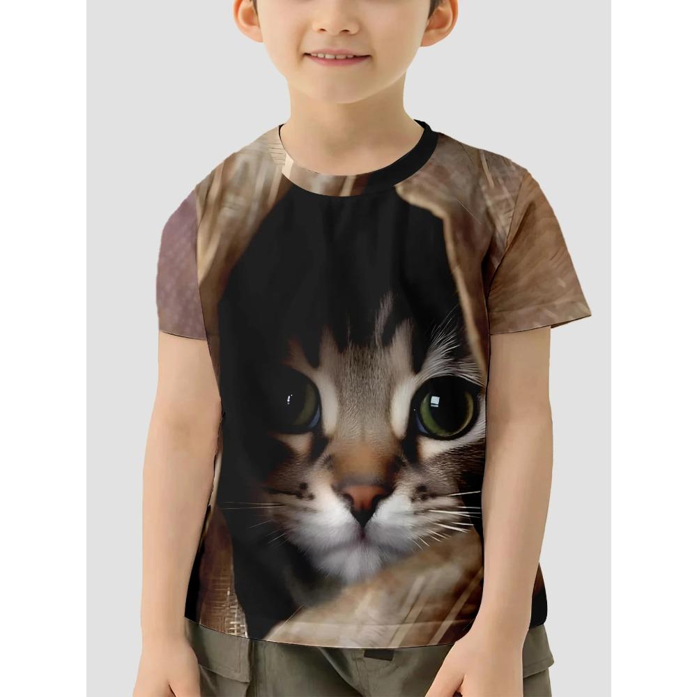 Children Clothes Girl Boys T-shirt Summer Fashion 3D Cat Print Cartoon Casual Fun Comfortable Round Neck Short Sleeve T-shirt