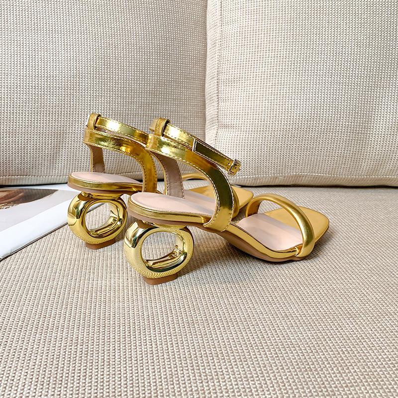 2026 European & American Gold Mid-Heel Sandals for Women - One-Strap, Thick Heel, Fashionable & Versatile