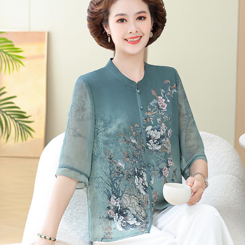 

Stylish Chiffon Blouse: Chinese-Style Short-Sleeve Top for Middle-Aged Women 5XL (Recommended for 145-155 jin) зелёный