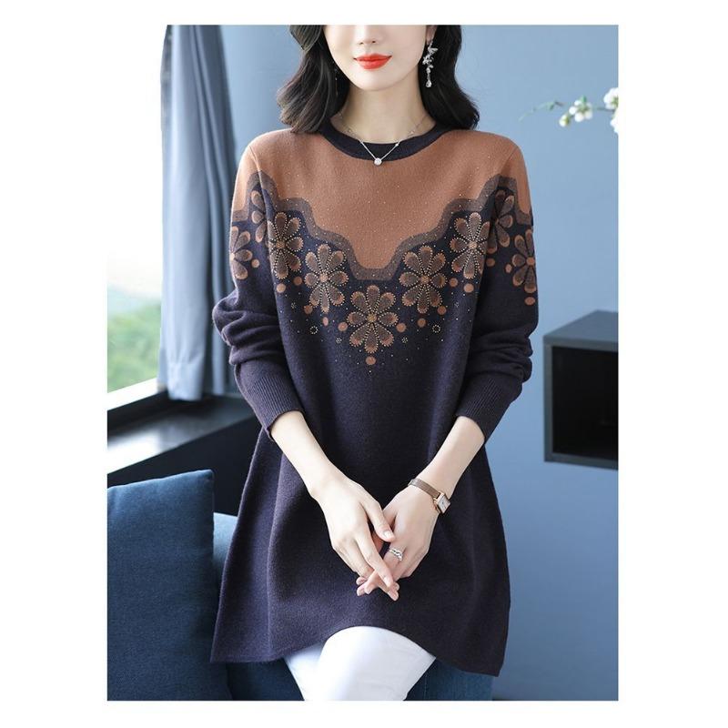 Middle-aged Elderly Mother's Wear Diamond Sweater Women's Mid-length Bottoming Shirt Loose Embroidered Sweater A-line Skirt