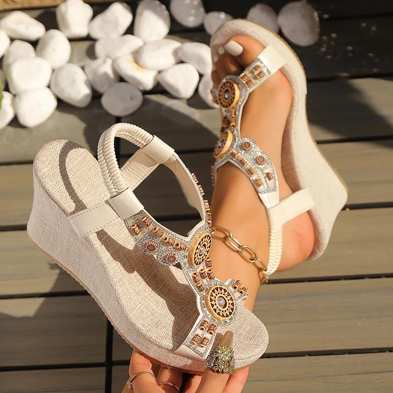 Fashion Summer Beach Bohemian Style Beaded Sandals Women Wedge Heel Platform Vocation Shoes Woman Plus Size 43 Super High Heels Sandels