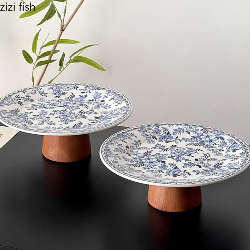 Blue and White Dessert Plate High Footed Fruit Plate Cake Stand Pastry Plates Refreshments Tray Bread Plates Dim Sum Dish Bowl