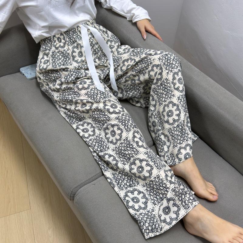 Damen-Blumen-Baumwoll-Seiden-Pyjama - Große Größen, Sommer, Leicht, Für draußen, Gerades Bein, Lockerer Schnitt