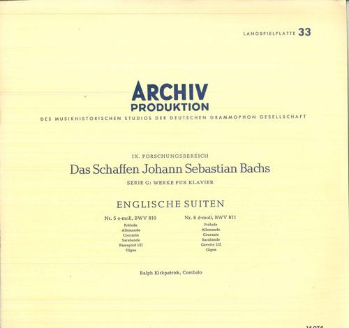 

LP Record RALPH KIRKPATRICK - J S Bach Englische Suiten Nr5 E-mol 14074 ARCHIV PRODUKTI 1969 Germany Classical Used