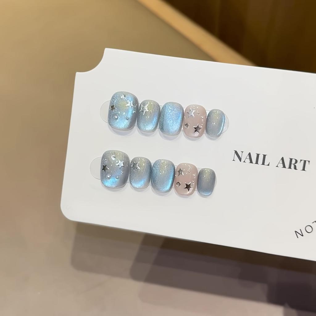 10 Pcs Handmade Blue Star Cat Eye Short Press On Nails Full Coverage Detachable Fake Nail Tips For Women And Girls