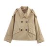 European and American Women's Double-Breasted Belted Short Trench Coat with Stand Collar