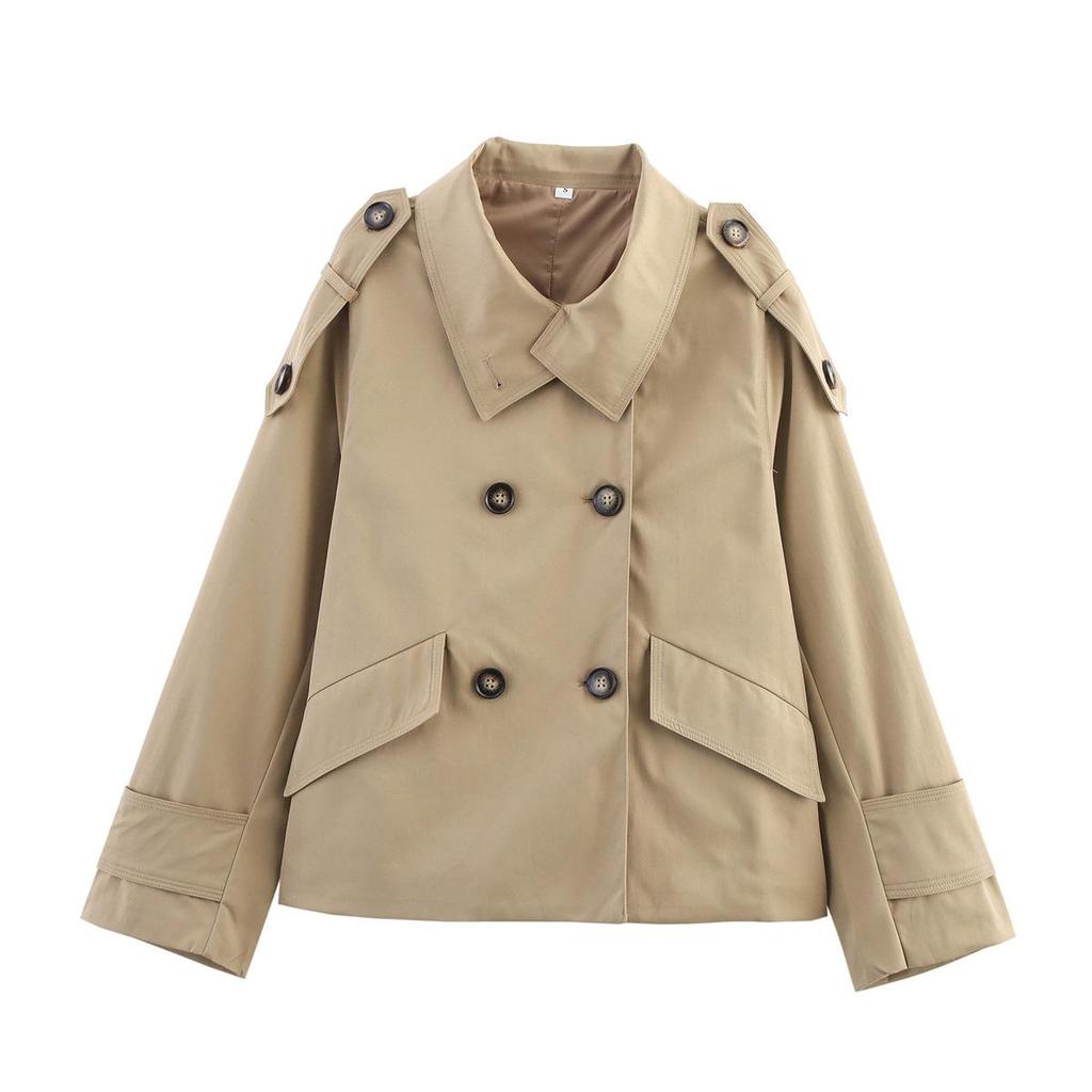 European and American Women's Double-Breasted Belted Short Trench Coat with Stand Collar