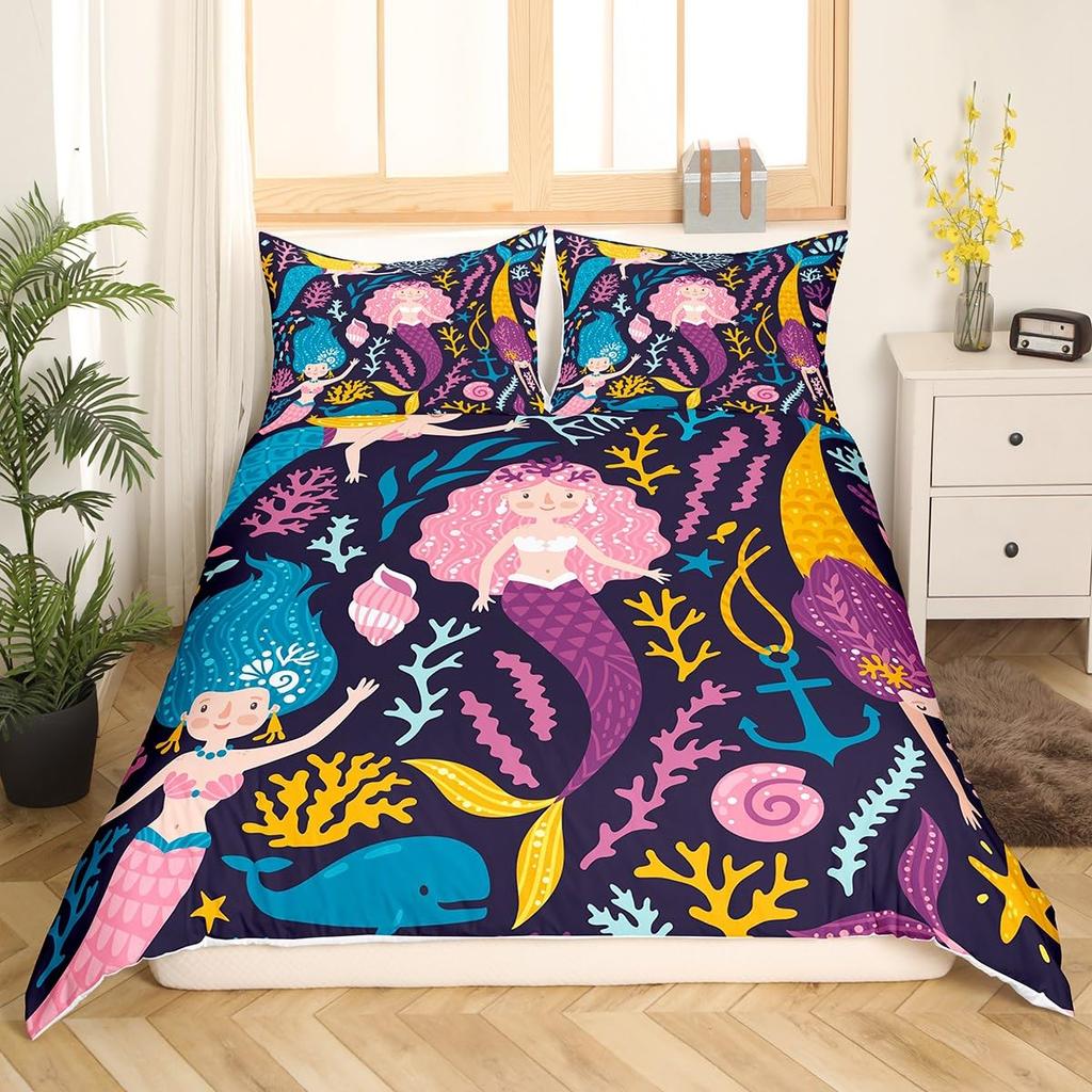 Meerjungfrau Bettwäschebezug Cartoon Meerjungfrau Bettwäsche Set Oktopus Bettbezug Für Kinder Jungen Mädchen Koralle Tief Tier Kinderzimmer Deko
