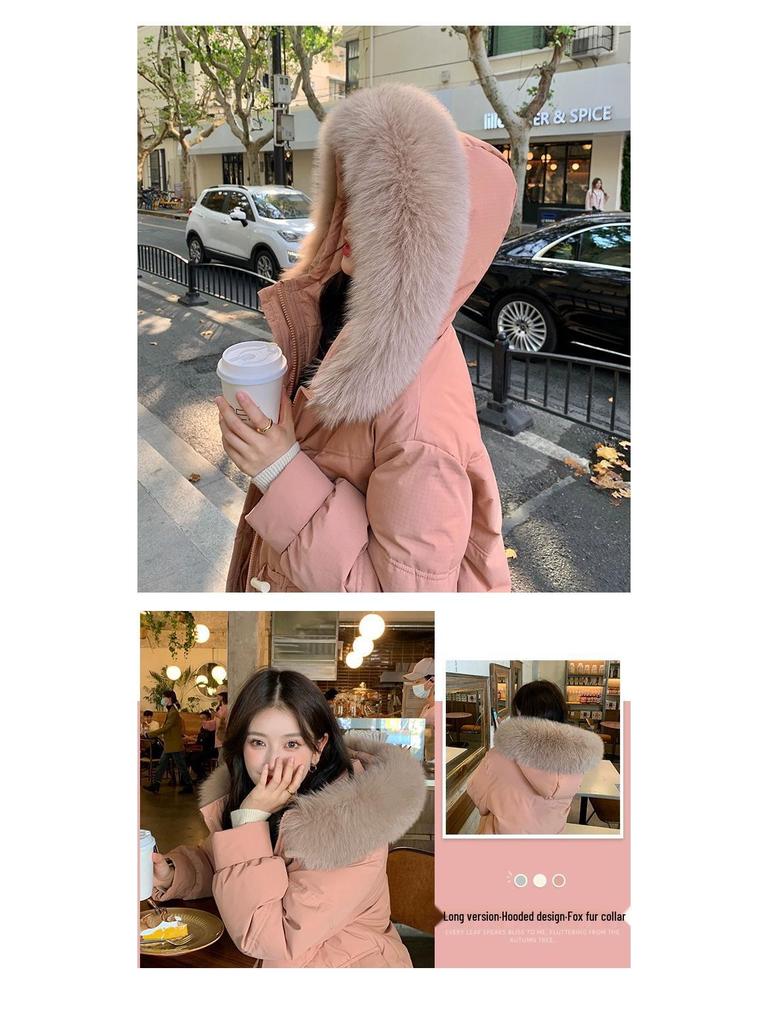 2025 Women's Korean Style Winter Down Jacket: Mid-Length, Hooded, with Large Fur Collar, Loose Fit, Thick and Warm.