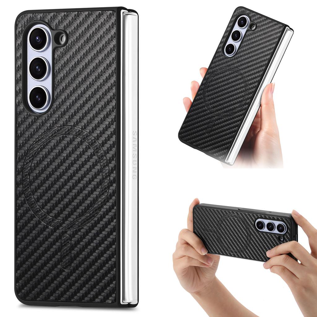 For Samsung Galaxy Z Fold6 5G Magnetic Case Carbon Fiber Texture Leather+PC Cover with Screen Film