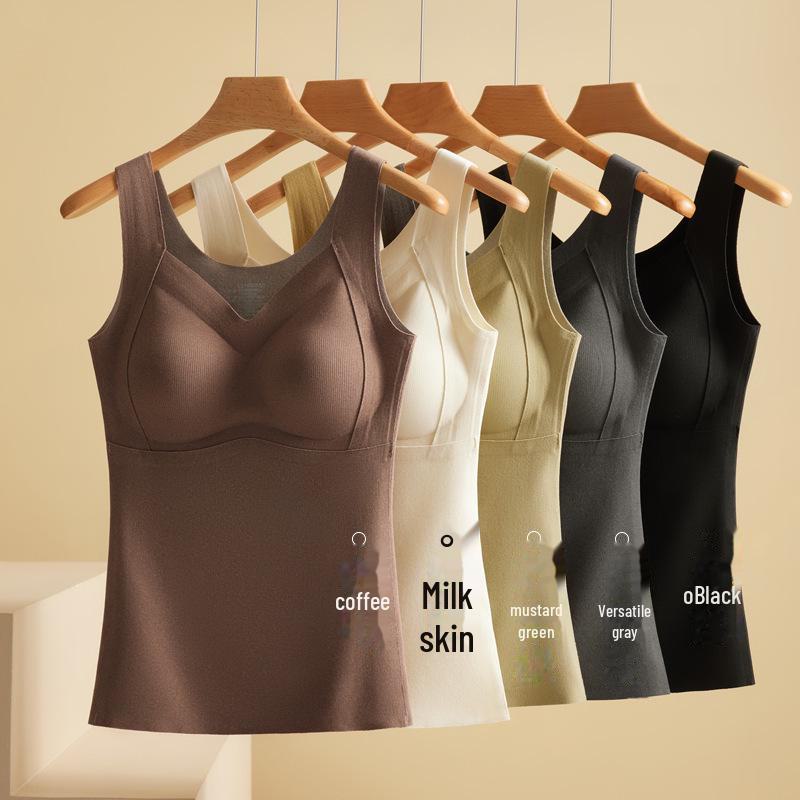 Women's Seamless Warm Vest with Silk-Patched Built-in Bra, Autumn/Winter Thick Bottom