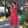 Retro French Square Neck Fungus Edge Small Flying Sleeve Dress for Women's Summer Loose and Thin High-end Textured Rose-red Long Dress